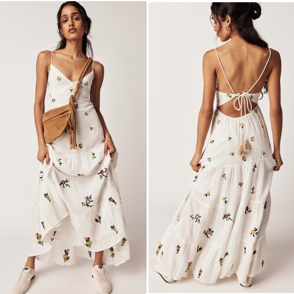 Free People White Maxi Dress with Multicolor Floral Embroidery
